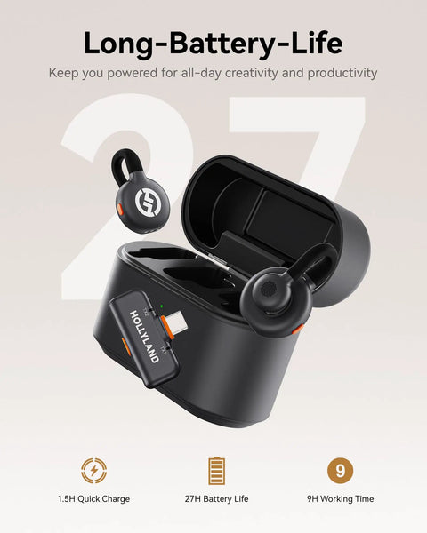 Lark M2S Wireless Microphone Bundle For iPhone Camera Android And PC with open charging case showcasing earbuds and long battery life.