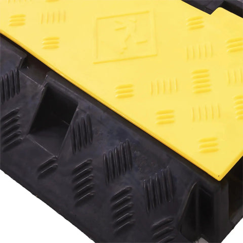 Close-up of Two Pack 3 Channel Cable Ramp Protector for Wires and Hoses, heavy duty PVC rubber with yellow cover and black base.
