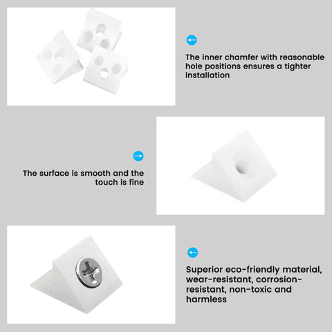 Fifty Pcs Drawer Angle Brackets With Screws Repair Kit showing chamfered design, smooth surface, and durable plastic.