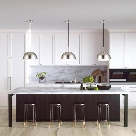 Bold 15.75 Inch Brass And White Glass Pendant Light above modern kitchen island with black stools