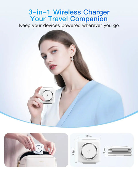 Woman holding Dope 3 In 1 Foldable Magnetic Wireless Charger Dock For iPhone, Watch, And AirPods with foldable design illustration