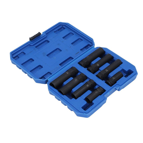 Beefy Eight Piece Thin Wall Lug Nut Socket Set With Spline Key CrMo Steel Wheel Lock Removal Tool Kit in blue case