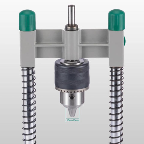 Close-up of Versatile Drill Press Stand For Woodworking Lightweight Aluminum Construction Adjustable Vertical Drilling Guide Hand Electric Drill Bracket and Doweling Locator showcasing drill chuck.