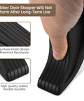 Person holding black rubber door stopper wedge showing surface stripe design for resistance and flexibility, part of Black Rubber Door Stopper Wedge 2-Pack Heavy Duty Floor Door Stops for Carpet Tile Wood Gaps Up to 1.2 Inch.