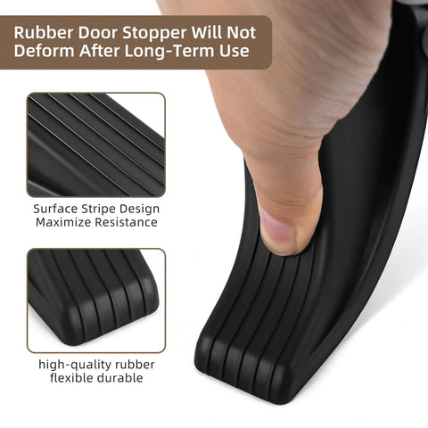Person holding black rubber door stopper wedge showing surface stripe design for resistance and flexibility, part of Black Rubber Door Stopper Wedge 2-Pack Heavy Duty Floor Door Stops for Carpet Tile Wood Gaps Up to 1.2 Inch.