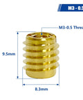 Wood Threaded Inserts Kit Brass M3-0.5 Knife Thread Inserts 10 Pack showing dimensions 9.5mm height and 8.3mm diameter