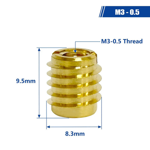 Wood Threaded Inserts Kit Brass M3-0.5 Knife Thread Inserts 10 Pack showing dimensions 9.5mm height and 8.3mm diameter