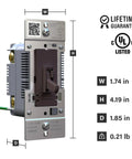 Pro Level 150 Watt Toggle LED Dimmer Switch For Smooth Flicker Free Lighting And Big Time Brightness Control With Slick Brown Wall Plate dimensions and features.