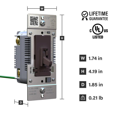 Pro Level 150 Watt Toggle LED Dimmer Switch For Smooth Flicker Free Lighting And Big Time Brightness Control With Slick Brown Wall Plate dimensions and features.
