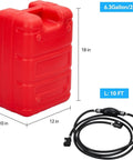 Red 6 Gallon Marine Portable Boat Gas Tank With I Shaped Handle, hose included, showing dimensions and rugged design.
