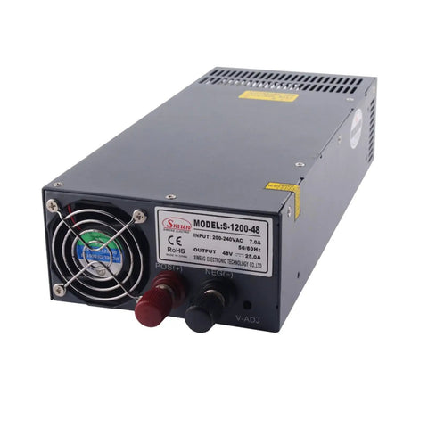 1200W 48V Single Output Switching Power Supply For LED Strips And Industrial Control Systems 25A Heavy Duty High Capacity DC Converter Efficient Durable Power Solution For Industrial Equipment. Front view metal 48V 25A power supply with cooling fan and terminals