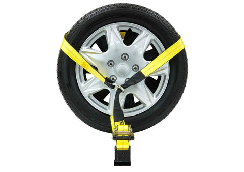4 Pack 2 Inch By 14 Foot Wheel Straps For Car Trailer With Flat Hooks Beefy Yet Flexible Heavy Duty Tie Down Straps Lasso Style Tire Straps 3335 Lb WLL Side Mount Ratchet Ready Hauling Cars securing a car wheel.