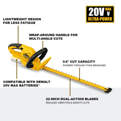 22 Inch Cordless Hedge Trimmer Compatible With Dewalt 20V Max Battery Lightweight Yet Powerful Bad Boy For Quick Clean Edges On Lawns And Shrubs Battery And Charger Not Included with wrap-around handle and dual-action blades