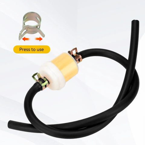Dirt Bike Heavy Duty Fuel Line With Filter 3 By 16 Inch For GY6 showing filter, black rubber hose, and metal clip on white background