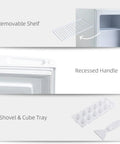 Hella Cool 1.1 Cubic Foot Compact Upright Freezer With Slick Removable Baskets Reversible Door And Smooth Temperature Adjustment For Dorm Apartment Or Office Storage In Clean White showing removable shelf, recessed handle, ice shovel, and cube tray.