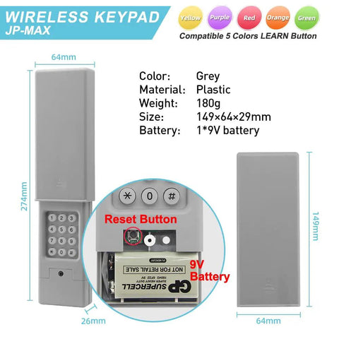 Keyless Wireless Garage Door Keypad For 310 315 390 MHz Openers Learn Button Compatible, grey plastic, 5 color options