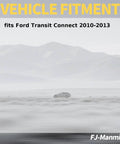 Vehicle fitment compatibility for Ford Transit Connect 2010-2013 displayed on a background with a mountain.