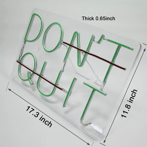 Neon Sign With Remote Stay Motivated Wall Decor 11.8 By 17.3 Inch Green Led Neon Light For Home Gym Office Bedroom Motivational Wall Art That Keeps You Pushing, "Don't Quit" text in green, dimensions labeled.