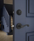 Heavy Duty Solid Brass Smart Deadbolt With Reliable Wifi And Bluetooth Hookup For Top Shelf Door Security In Sleek Polished Chrome Finish on a blue door.