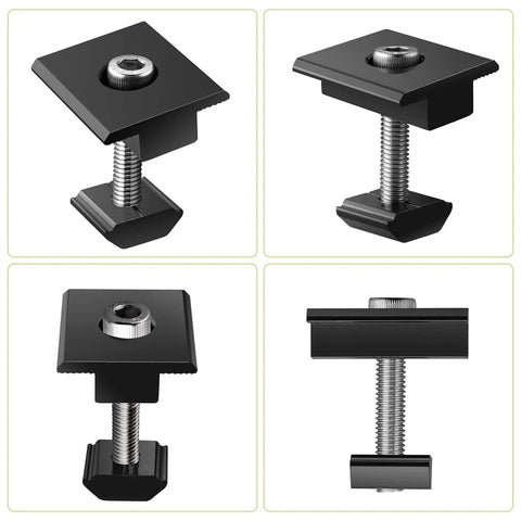 10 Pack Aluminum T Shaped Solar Panel Center Clamps For 30mm And 35mm Rail Mid Clamps Mounting Brackets Rail Connector For Metal Roof Tin Roof Flat Roof Sheet Roof Black Built To Last, showing four black clamps with screws, T-shaped design in aluminum.