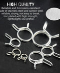 70 Piece Double Wire Fuel Line Hose Clamp Set With Stainless Steel Spring Clips shown in various sizes on black surface.
