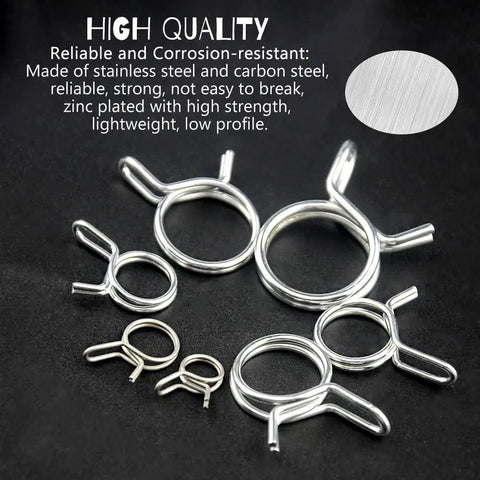 70 Piece Double Wire Fuel Line Hose Clamp Set With Stainless Steel Spring Clips shown in various sizes on black surface.