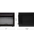 No Sweat Electric Food Dehydrator With Digital Temperature Control And Smart Timer, 17" wide, black, with dual fans and glass door.