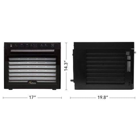 No Sweat Electric Food Dehydrator With Digital Temperature Control And Smart Timer, 17" wide, black, with dual fans and glass door.