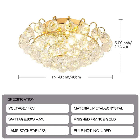 Three Light Modern Crystal Ceiling Light Fixture Flush Mount Round Golden Chandelier with clear crystals and metal finish