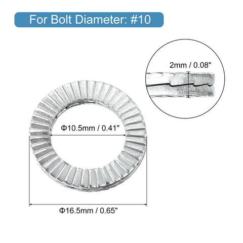 Size 10 Wedge Locking Washers In 304 Stainless Steel, Vibration Resistant DIN 25201, 10 Pack, dimensions labeled
