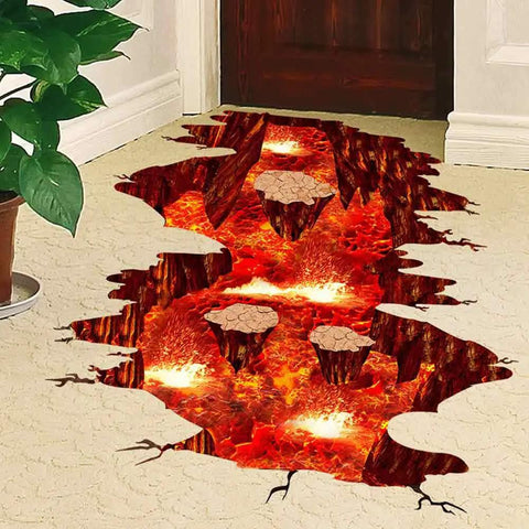 Epic 3D Volcano Wall Decals Kit With Fire And Lava Effect, Removable PVC Murals For Kids Room, showcasing floor decal with lava scene