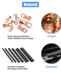 Open barrel copper ring lugs and polyolefin heat shrink tubing for auto battery cables, featuring durable materials.