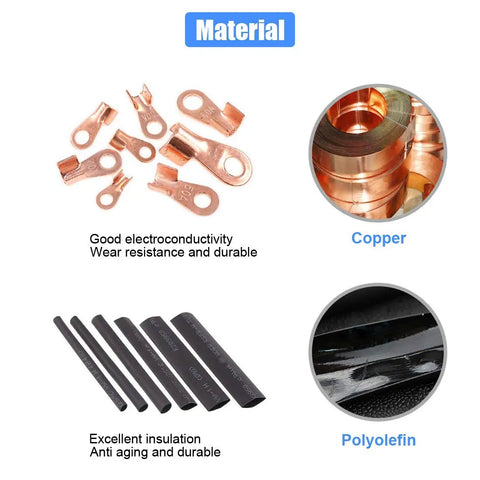 Open barrel copper ring lugs and polyolefin heat shrink tubing for auto battery cables, featuring durable materials.