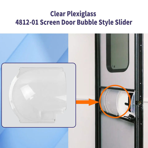 Top Shelf Crystal Clear Direct Fit RV Screen Door Plexiglass Slider Replacement Panel For Dexter Right Hand Bubble Style Window close-up view of panel