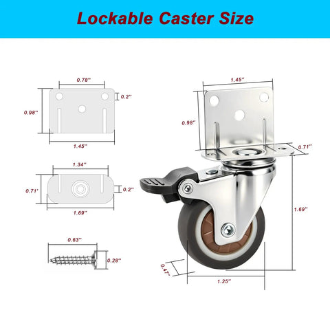 Smooth Rollin 1.25 Inch Rubber Side Mount Caster Wheels L Shaped Plate 360 Swivel Casters 4 Pcs Locking Heavy Duty 150 Lbs specifications and dimensions.
