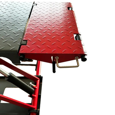 Close-up of lockable drive ramp on Heavy Duty Eight Thousand Pound Scissor Lift With Lockable Drive Ramps And Portable Frame For Cars Suv And Light Trucks.