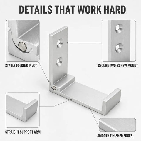 Legit Heavy Duty Folding Wall Hooks 4 Pack Silver Aluminum Alloy Flip Down Coat Rack smooth finished edges and stable pivot.