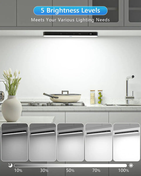 Go-To Rechargeable Under Cabinet Lights With Battery Level Display 60 LED Motion Sensor Dimmable over kitchen counter