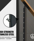 Invisible Stainless Steel Cable Railing Kit For One Eighth Inch Cable, 20 pairs detail on black metal post with wood handrail