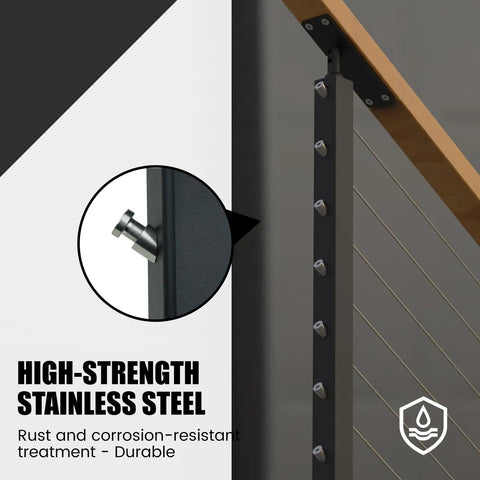 Invisible Stainless Steel Cable Railing Kit For One Eighth Inch Cable, 20 pairs detail on black metal post with wood handrail