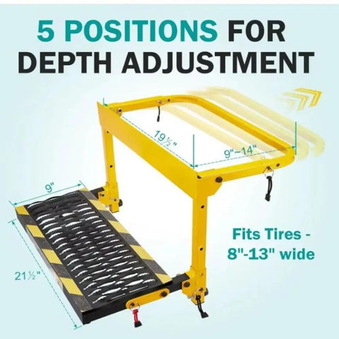 Hella Sturdy Folding Tire Step For Tesla Cybertruck Crew Featuring Heavy Duty Steel Frame With Grippy Steps To Make Garage Work A Total Slam Dunk This Week showing adjustable depth positions and measurements.
