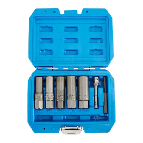 Five Piece Deep Socket Set For Damaged Nuts And Stripped Bolts With Reverse Thread Grip in blue case, includes adapters, CrMo steel