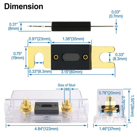Dimensions and components of the Beefy 70 Amp ANL Fuse Holder Kit With Three Fuses For Car Audio And 12V To 24V Systems Heavy Duty Heat Resistant.