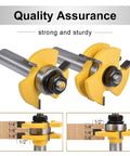 Solid Two Piece Tongue And Groove Router Bit Set With Half Inch Shank and Quarter Inch Cutters shown with quality assurance label and dimensions.