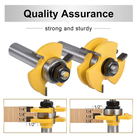 Solid Two Piece Tongue And Groove Router Bit Set With Half Inch Shank and Quarter Inch Cutters shown with quality assurance label and dimensions.