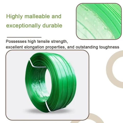Rugged Heavy Duty Packaging Strapping Tape Rolls And Flat Woven Fiber Rope Kit shown in green PET plastic material