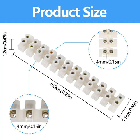 Product size diagram of a 10 Pack 12 Position Dual Row Screw Terminal Block Set for Home DIY Projects 10 Amp 380V Electric Barrier Strip.