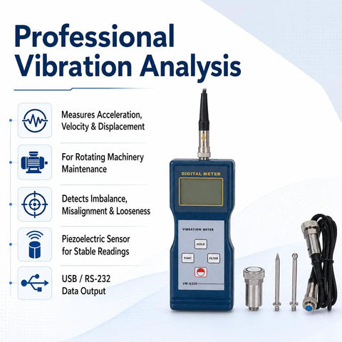 Digital Vibration Meter VM-6320 for Vibration Analysis and Mechanical Vibration Meters, handheld with probes and cable