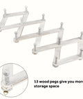 Accordion Style Wall Mounted Coat Rack With 13 Peg Hooks For Coats Hats Bags Mugs And Necklaces In Rustic White Finish