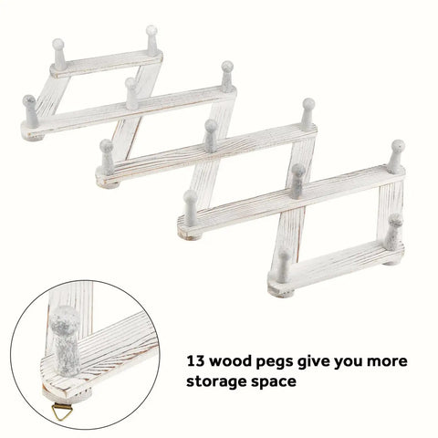 Accordion Style Wall Mounted Coat Rack With 13 Peg Hooks For Coats Hats Bags Mugs And Necklaces In Rustic White Finish